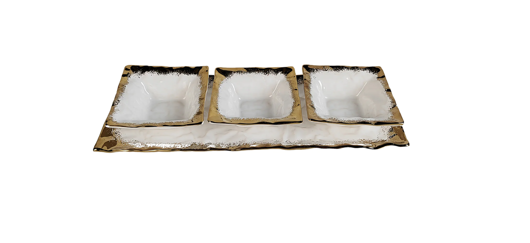 WPR4897 White Porcelain 3 Bowl Relish Dish with Gold Edge