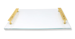 VCT5072 Glass Challah Board - White Leather with Imprinted Handles