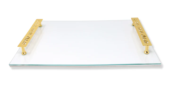 VCT5072 Glass Challah Board - White Leather with Imprinted Handles
