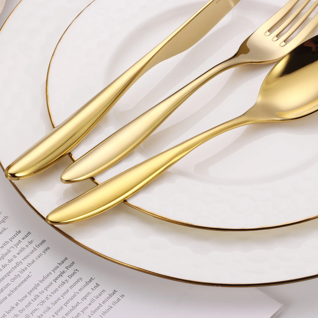 VF4248 Flatware Set with Wavy Handle Gold Service for 4