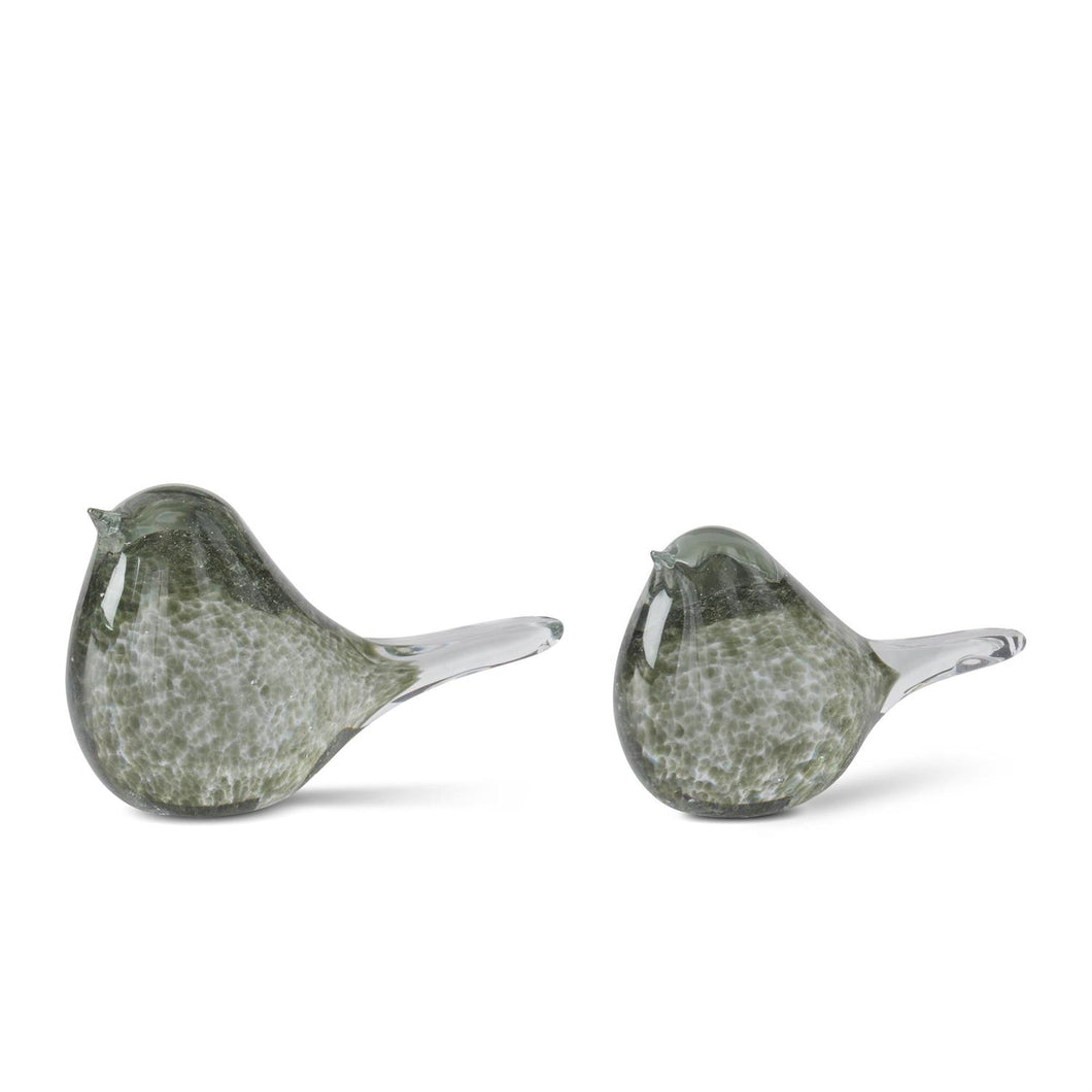 20454A-GR Set of 2 Green Speckled Clear Glass Birds