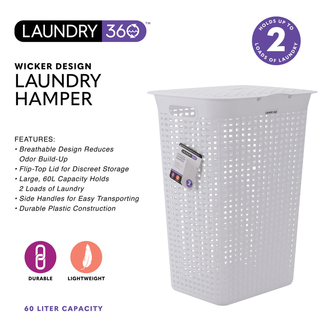 60L PP Wicker Laundry Hamper W. Lid - White.