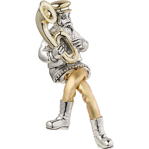 UK42511 Silvered Polyresin Sitting Hassidic Figurine With Cloth Legs 25 Cm- Clarinet Player
