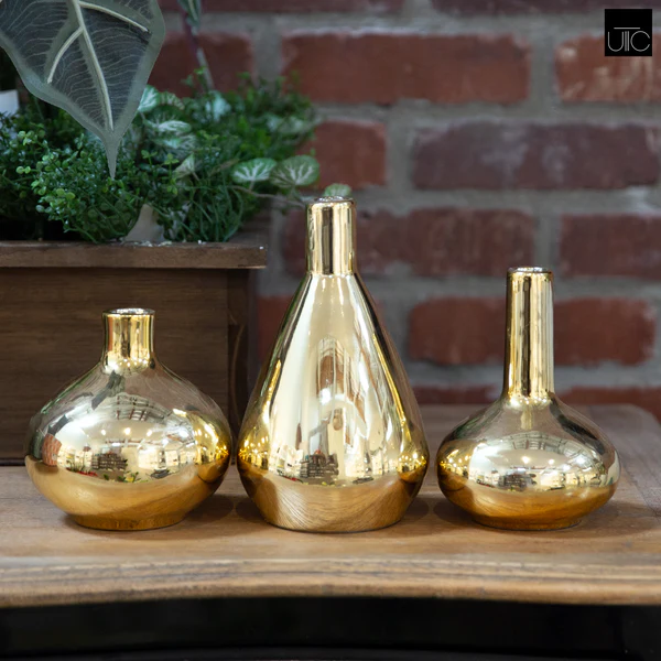 12790 Ceramic Round Bellied Vase with Narrow Mouth in Different Designs Set of Three Polished Chrome Finish Gold..4.50