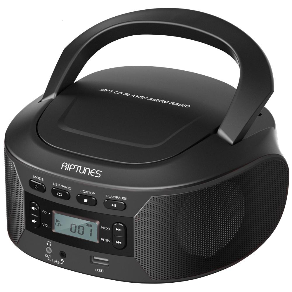 Riptunes CD MP3 Boombox AM FM Radio with Bluetooth Aux-in USB, Phones jack, AC/DC Powered - Black