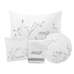 PU-PS-EML-S PU Leather Pesach Set - Leaf Embroidered Silver