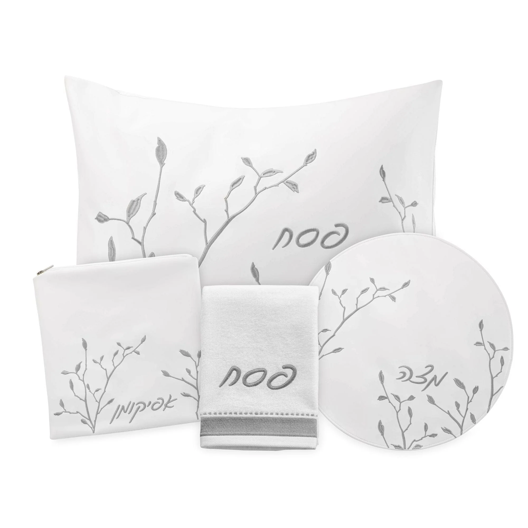 PU-PS-EML-S PU Leather Pesach Set - Leaf Embroidered Silver
