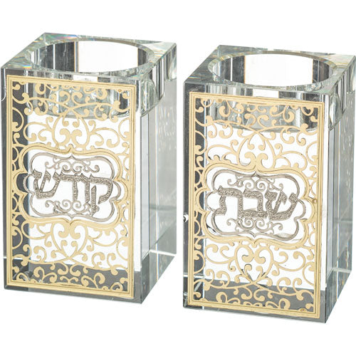 UK81257 Crystal Candlesticks 8 cm with Metal Plaque