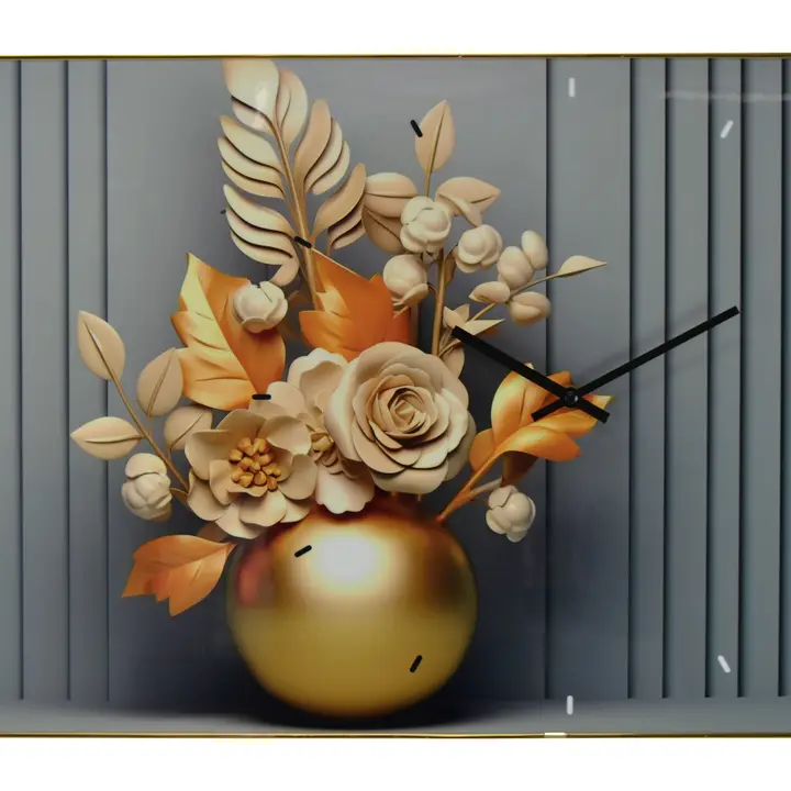 YK25 23.5X15.5 WALL CLOCK, BEIGE FLOWERS IN GOLD VASE