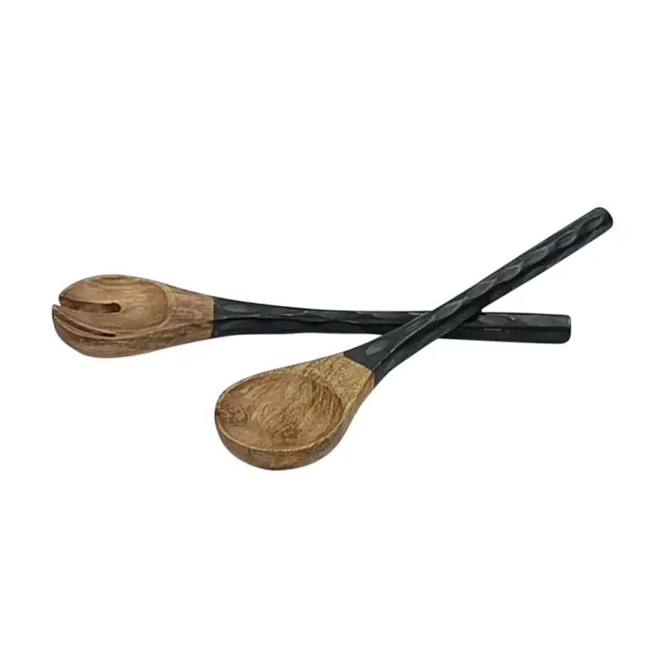 218035 Set of 2 Wooden Carved Salad Servers Natural & Black-ST - Black & Natural - Black & Natural