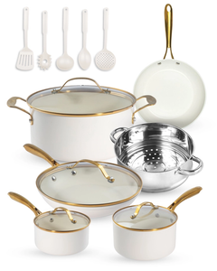 1384 Gotham Steel Cream/Gold Handles 15 Piece Cookware Set