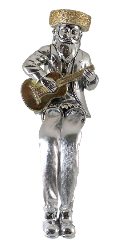 UK89677 Silvered Polyresin Sitting Hassidic Figurine With Cloth Legs 18 Cm- Guitar Player