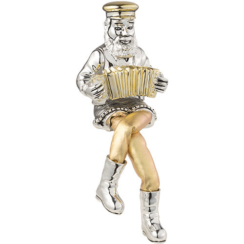 UK42513 Silvered Polyresin Sitting Hassidic Figurine With Cloth Legs 25 Cm- Clarinet Player