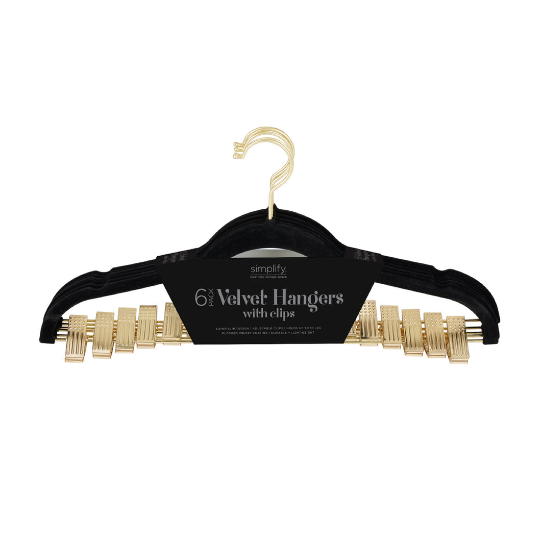 6PK VELVET SUIT HANGER W.SHINY GOLD CLIPS W.MATTE GOLD HOOK