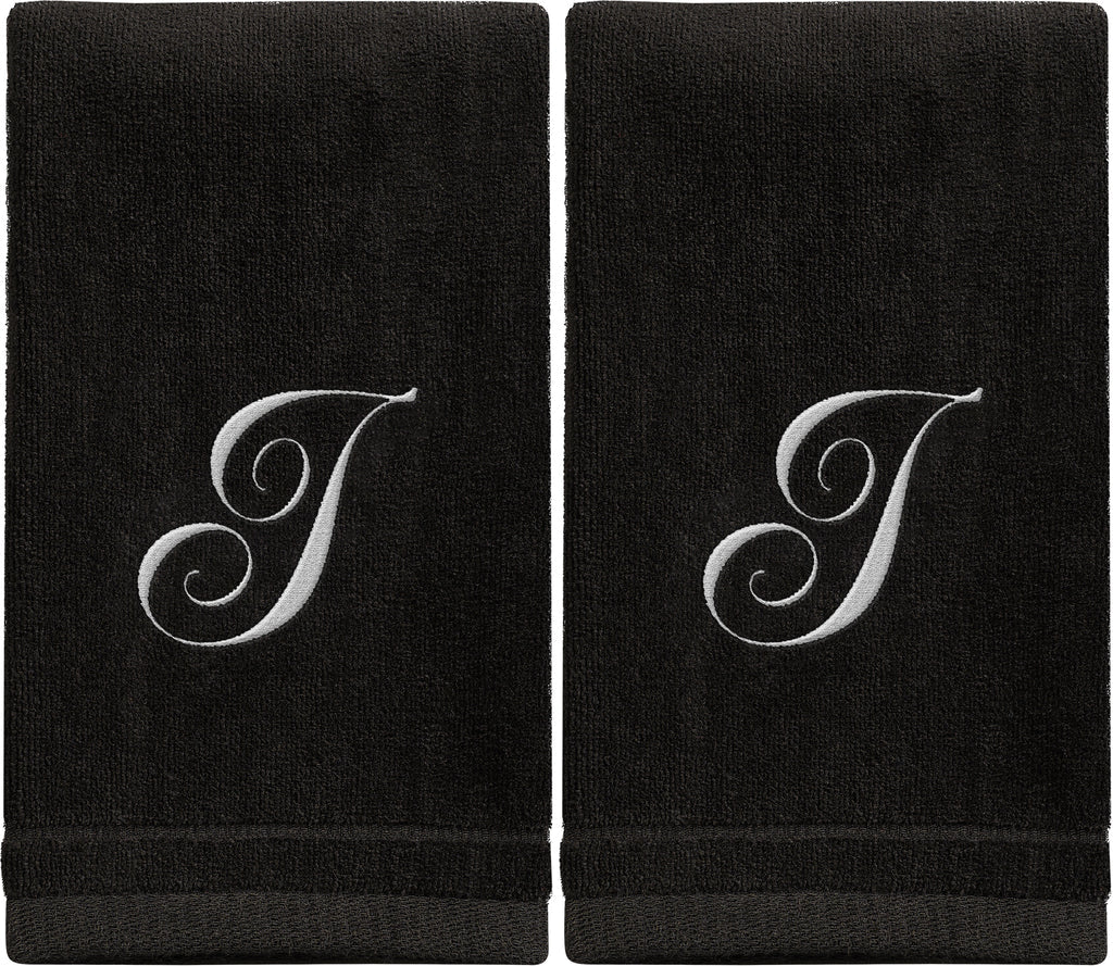 Black Monogrammed Towel - White Embroidered - Initial I