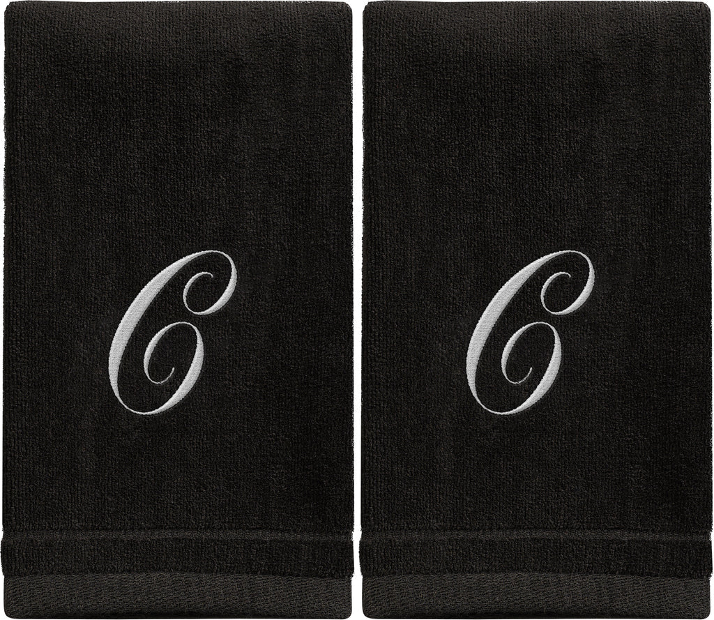 Black Monogrammed Towel - White Embroidered - Initial C