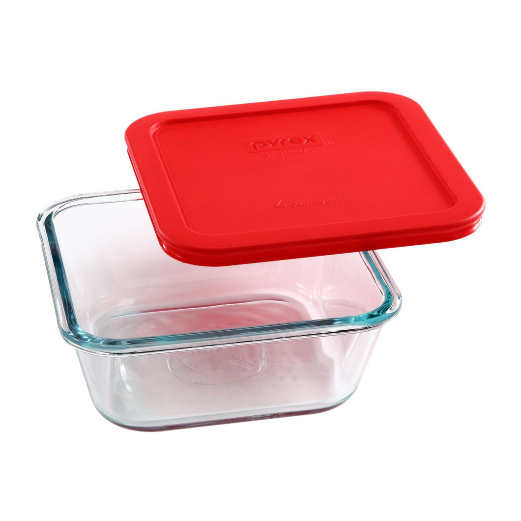 PYREX Simply Store - 4Cup/950Ml Square Red, 4-Cup Square Glass Storage