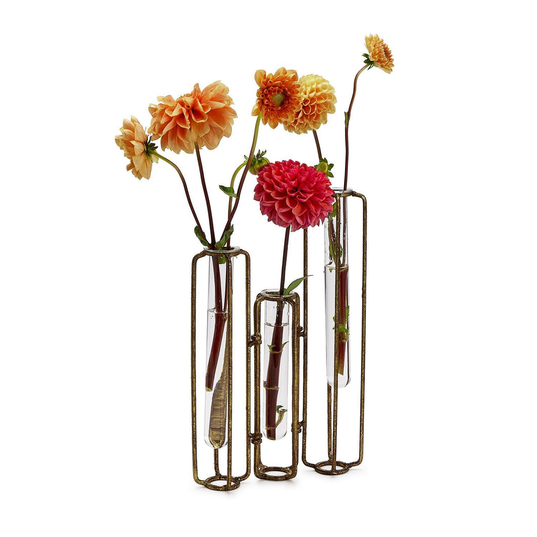 MIN106-G Golden Lavoisier Set of 3 Hinged Flower Vases with Antiqued Gold Leaf Finish - Metal/Glass (vial sizes 6