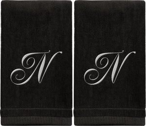 Black Monogrammed Towel - White Embroidered - Initial N
