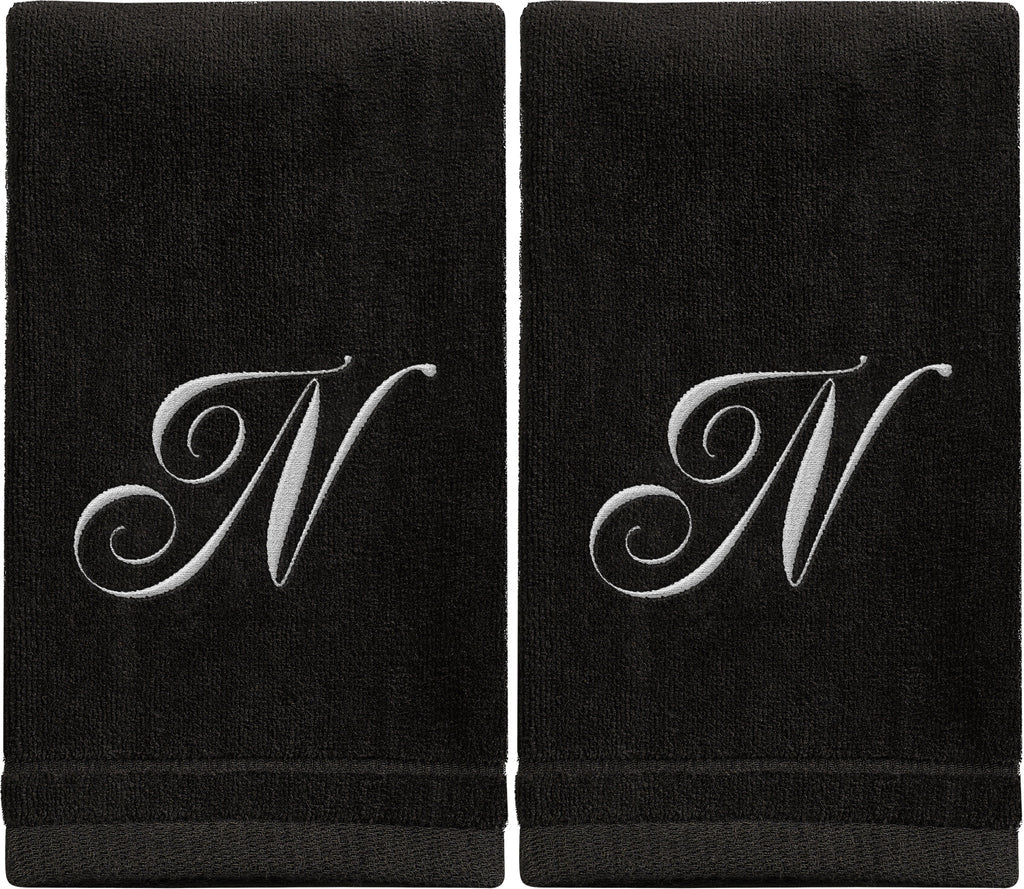 Black Monogrammed Towel - White Embroidered - Initial N