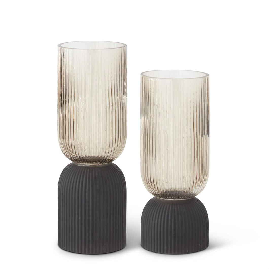 18616A-2 12 Inch Ribbed Brown Transparent & Matte Black Vase