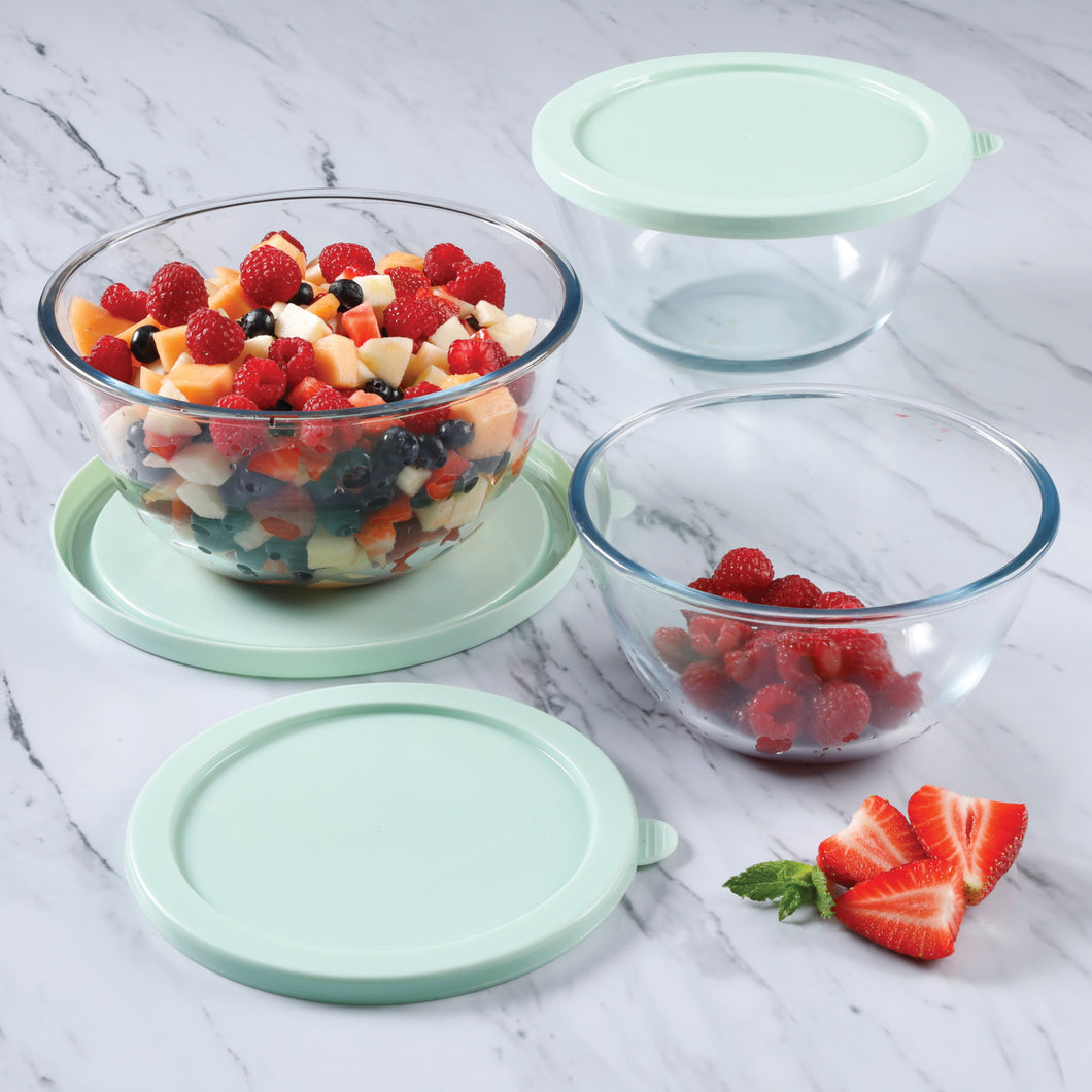 98046.06 Summersol 6 pc Glass Mixing Bowl w/ PP Lids - 67.6 oz, 50.7 oz, 33.8 oz - Martha Blue - Round - Borosilicate Glass