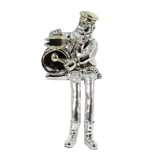 UK43634 Silvered Polyresin Sitting Hassidic Figurine With Cloth Legs 26 Cm- Drums Player