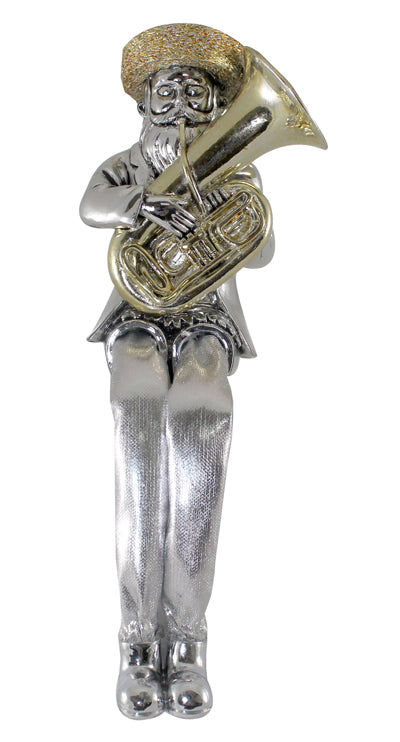 UK89679 Silvered Polyresin Sitting Hassidic Figurine With Cloth Legs 19 Cm- Tuba Player