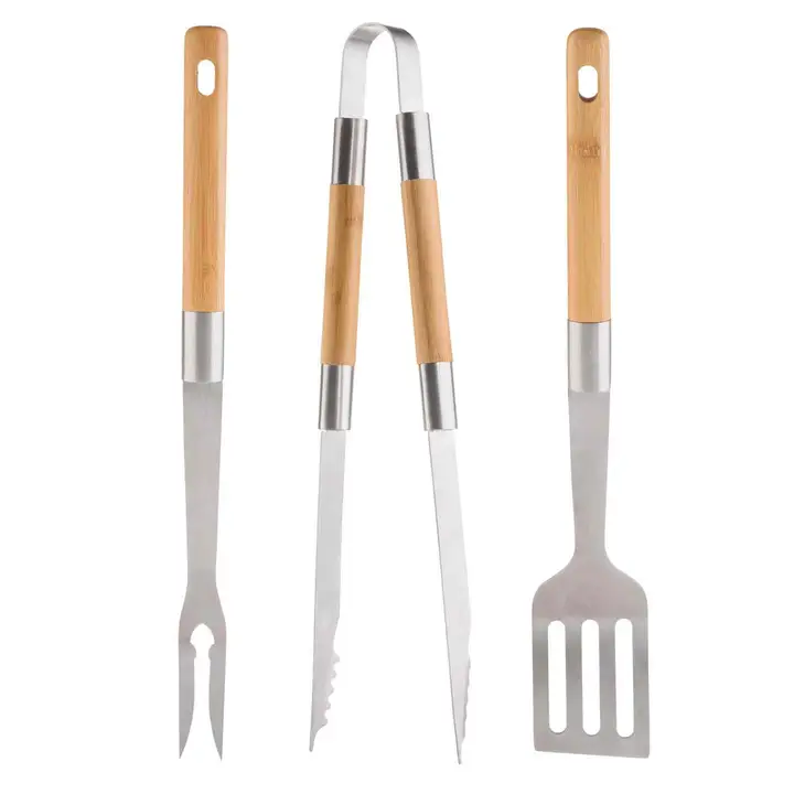 Bamboo Grilling Tools Set, Includes Tongs, Turner & Fork