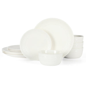 142779.12 Basket Weave 12 pc Dinnerware Set - White - Embossed