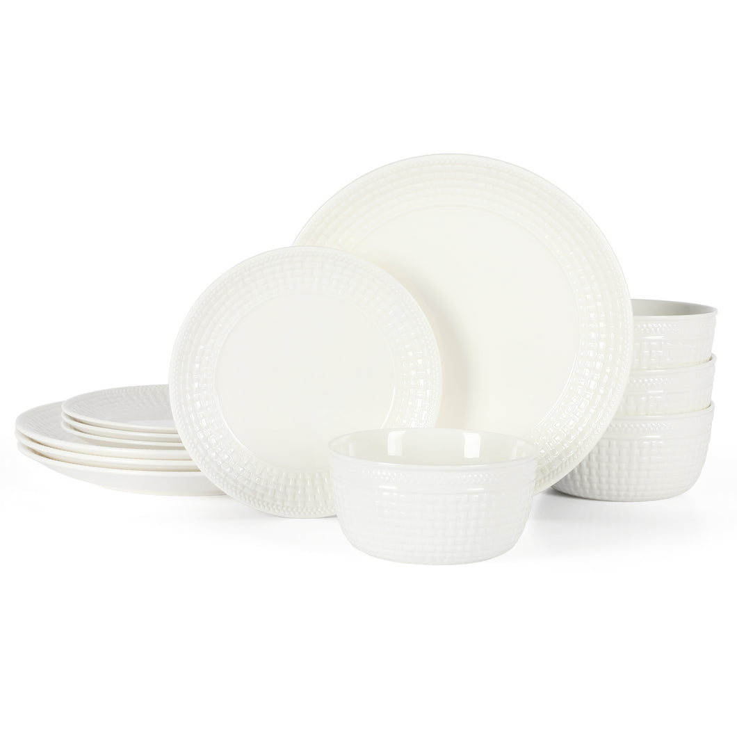 142779.12 Basket Weave 12 pc Dinnerware Set - White - Embossed