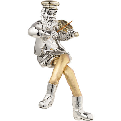 UK42512 Silvered Polyresin Sitting Hassidic Figurine With Cloth Legs 25 Cm- Clarinet Player