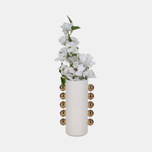 19076-03 Cer, 10" Vase W/ Side Knobs, White/gold
