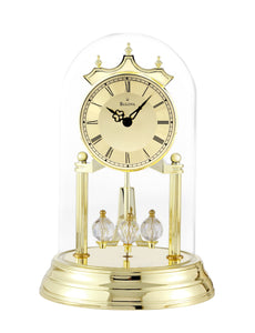 Bulova Tristan I Desk and Table Clock | Model B8818 | Polished Brass Finish | Polished Metal Base | Floating Dial | Roman Numerals | Elegant Pendulum Design