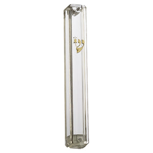 UK23013 Transparent Plastic Mezuzah With Rubber Cork 15 Cm- With Gold Shin
