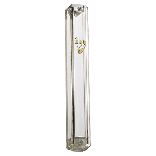 UK23013 Transparent Plastic Mezuzah With Rubber Cork 15 Cm- With Gold Shin
