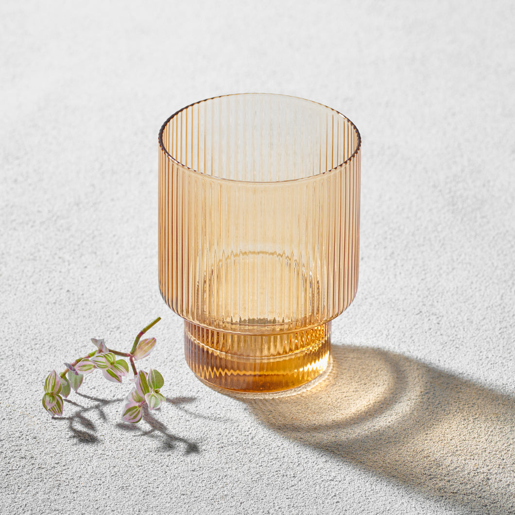 VD-5719- AM Malibu, Ribbed Rocks Glass, Amber, 11 oz
