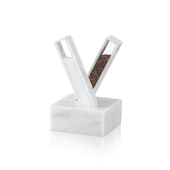 SLT-WHT X Salt and Pepper Set- White Marble Lucite