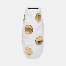 Load image into Gallery viewer, 18376-07 Stoneware, 13&quot; Circle Embossed Vase, White/gold
