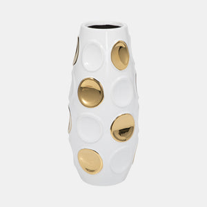 18376-07 Stoneware, 13" Circle Embossed Vase, White/gold