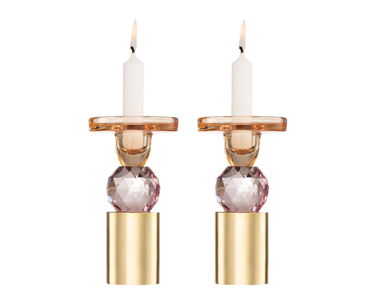 VCH4507 Set Of 2 Pink Crystal Candlesticks, 6.5