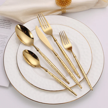 Load image into Gallery viewer, TAJ-FW-113 TAJ Hammered Pointe Flatware Shiny Gold Service For 4 Dishwasher Safe
