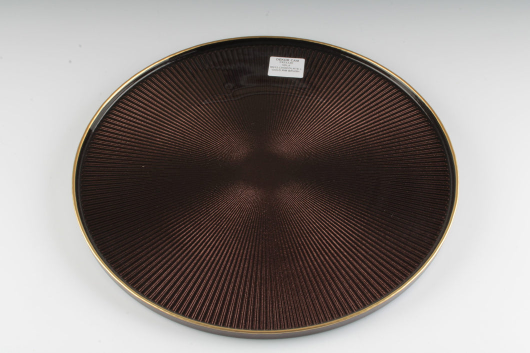 SD-395332- CK Domo, Glass Charger, Chocolate Brown with Gold Rim and Lip, Dishwasher Safe, 13