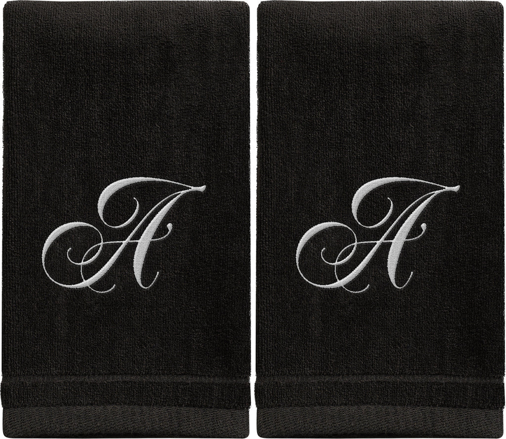 Black Monogrammed Towel - White Embroidered - Initial A (