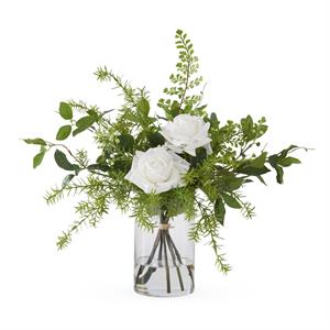 19209B-WH 25.5 Inch White Diamond Rose & Foliage Premade w/Faux Water