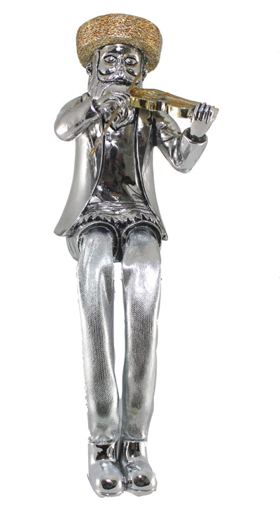 UK89680 Silvered Polyresin Sitting Hassidic Figurine With Cloth Legs 19 Cm- Fiddle Player