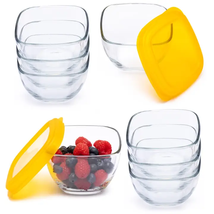 L747979 2 Cup Glass Storage Bowl Container Set with Yellow Plastic Lids Per Bowl