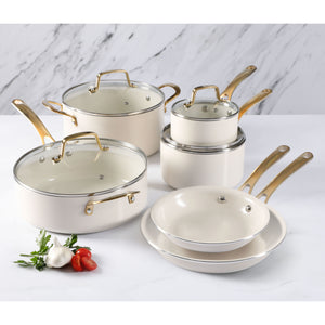 137451.10 Martha Stewart Lockton 10 pc EAL CW Set - Linen - Ceramic Nonstick Int - Enamel Ext - Gold Color SS Handle - Aluminum