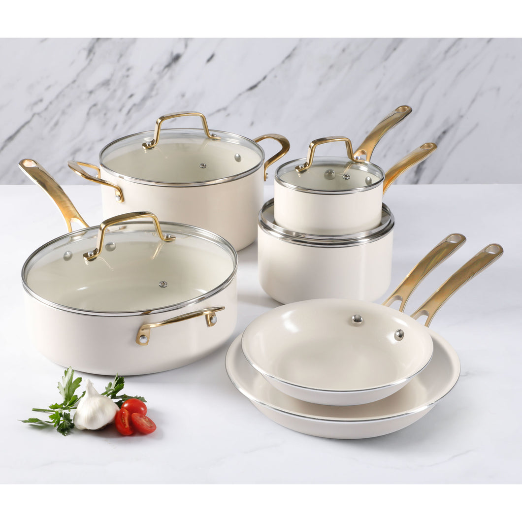 137451.10 Martha Stewart Lockton 10 pc EAL CW Set - Linen - Ceramic Nonstick Int - Enamel Ext - Gold Color SS Handle - Aluminum