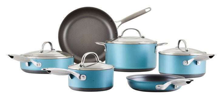 85115 Anolon 10-Piece Set 1.5 Qt. & 3 Qt. Saucepans with Lids 3 Qt. Sauté with Lid 6 Qt. Stockpot with Lid 8.25'' & 12'' Frying Pans Teal